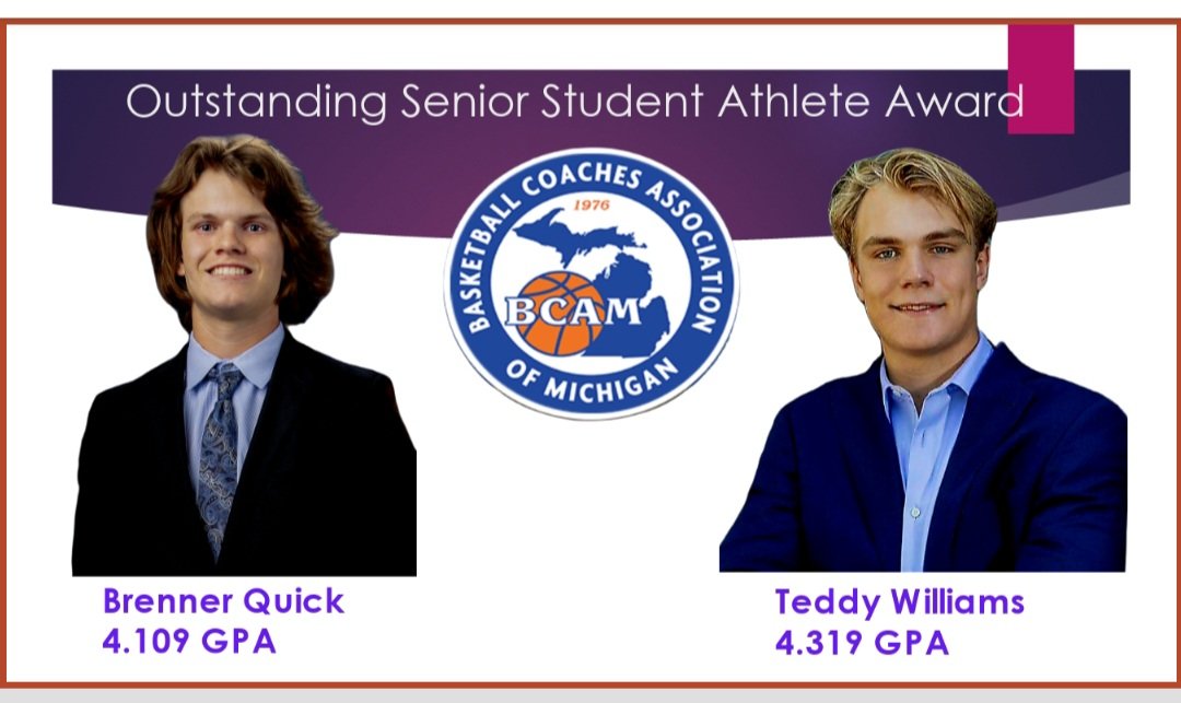 Congrats to Brenner Quick &amp; Teddy Williams on your 
" Outstanding Senior Student Athlete Award" from BCAM. This is earned by playing all 4 years of basketball and having over a 3.8 GPA. We are extremely proud of your leadership in the classroom and floor.