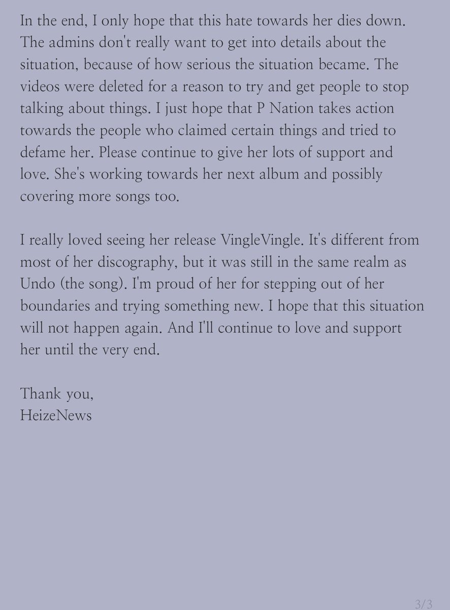 HeizeNews's tweet photo. I don't want to get too deep about the VV situation, because it'll just make things worse. Please don't ask for further details either... I just want the hate towards Heize to die down. And I want P Nation to do their job for once... protect her https://t.co/3I0vhSEY8f
