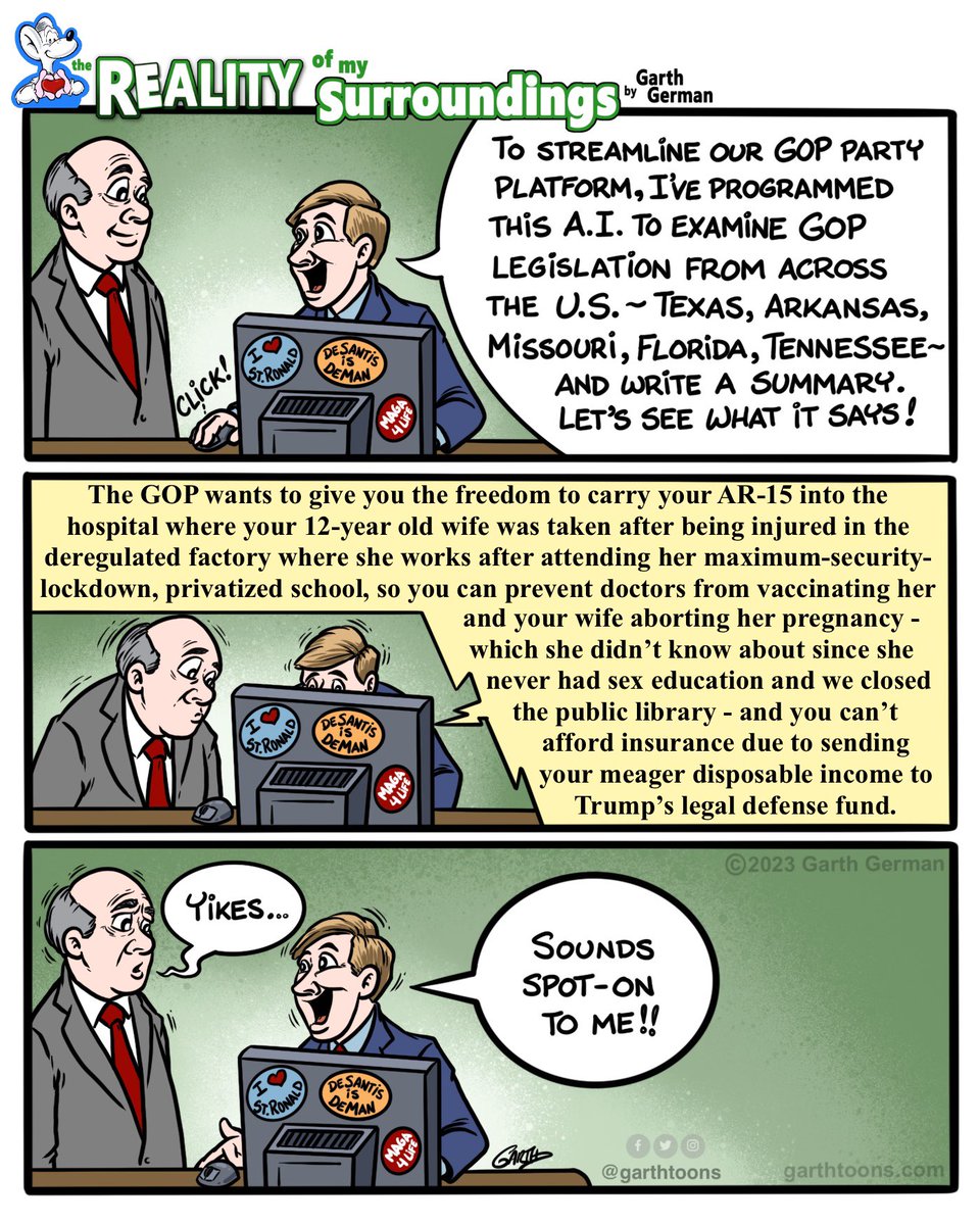 garthtoons's tweet photo. The Platform.
Follow for more cartoons!
#GOP #GOPClownShow #politicalplatform #AI #artificalintelligence #politics #politicalcartoon #politicalcartoons #webcomic #webcomics https://t.co/XKNnuzy2eh