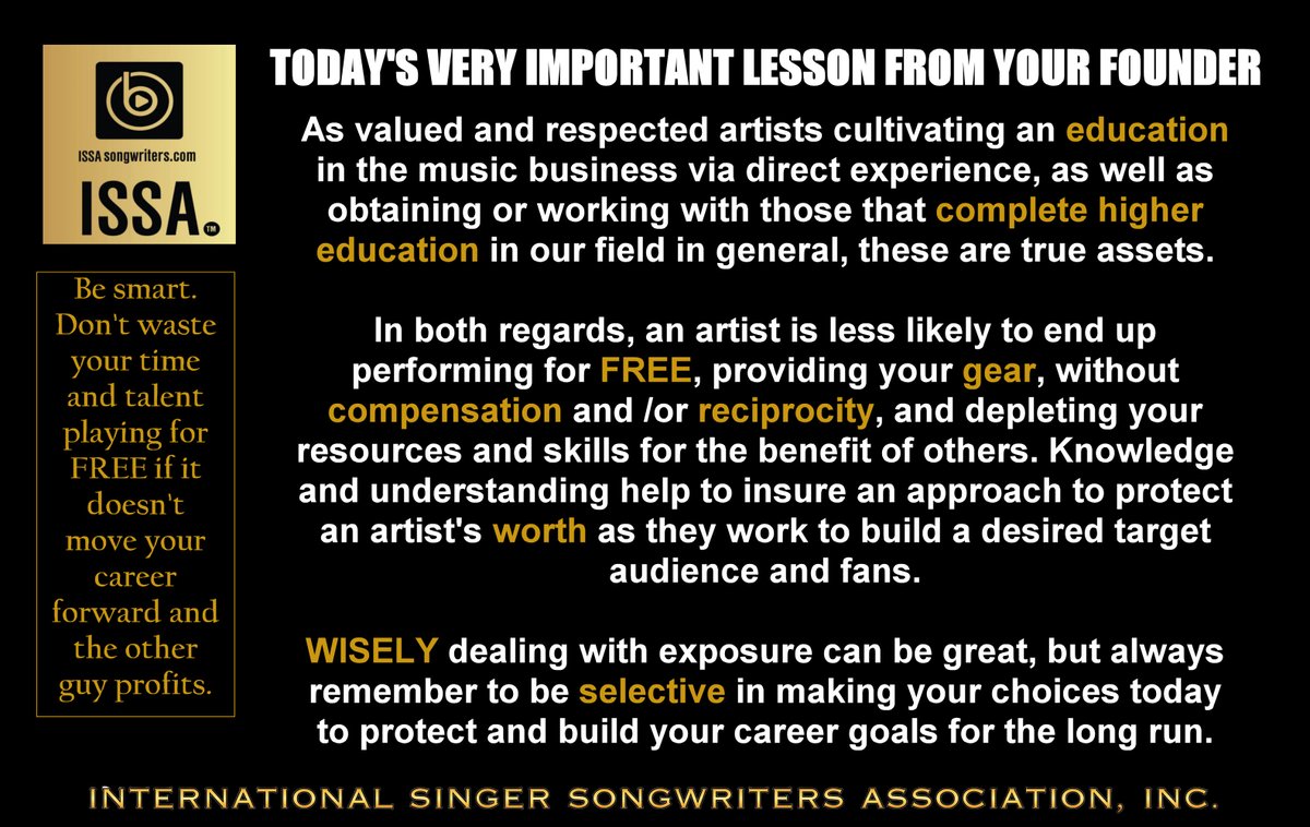 ISSAsongwriters's tweet photo. TODAY'S LESSON: Please read carefully. #WordsOfWisdom from someone who has been doing this for a very long time.
******
#Educated #Valued #MusicBusiness #Exposure #Resources #TargetAudience #BeWise #BeCareful #CareerGoals #knowledge #NoFree Shows #BeAnAsset #CultivateFans https://t.co/YTSUnWmYye
