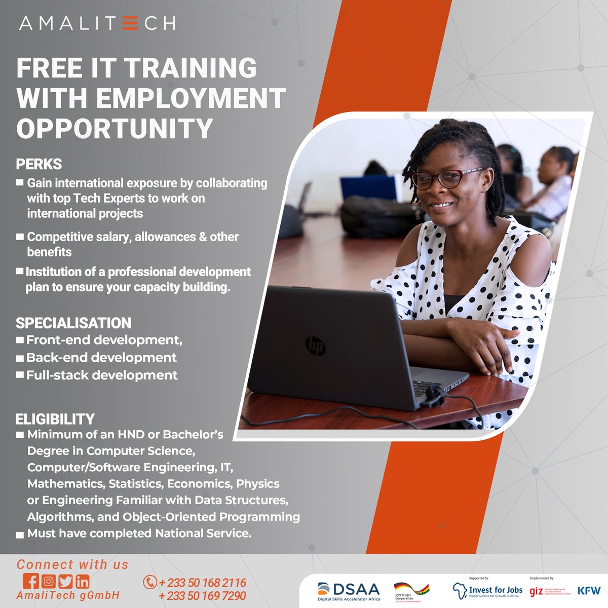 amali_tech's tweet photo. If you are a young person in #Ghana or #Rwanda looking for a chance to change your life through tech, then our Free IT Training with Employment Opportunity is for you!
Interested Ghanaians should visit https://t.co/Ngr2dSSZfv and tech talents in Rwanda can also visit https://t.co/VT2mtUNWFU to read more and apply.

Don’t miss this opportunity to gain invaluable skills, with an employment offer from AmaliTech Services GmbH upon completion.

Joining AmaliTech Services GmbH after completion gives you the opportunity to learn from local and international tech experts, acquire international exposure, and more.
There’s never been a better time to expand your skill set and take control of your future.

To qualify for this free training, you must have a minimum of an HND, bachelor's Degree or higher qualification in Information Technology, Computer Science and STEM-related fields. You should also be familiar with Data Structures, Algorithms, and Object-Oriented Programming.

Sign up today and take that first step toward a brighter future!

#WorkwithAmaliTech