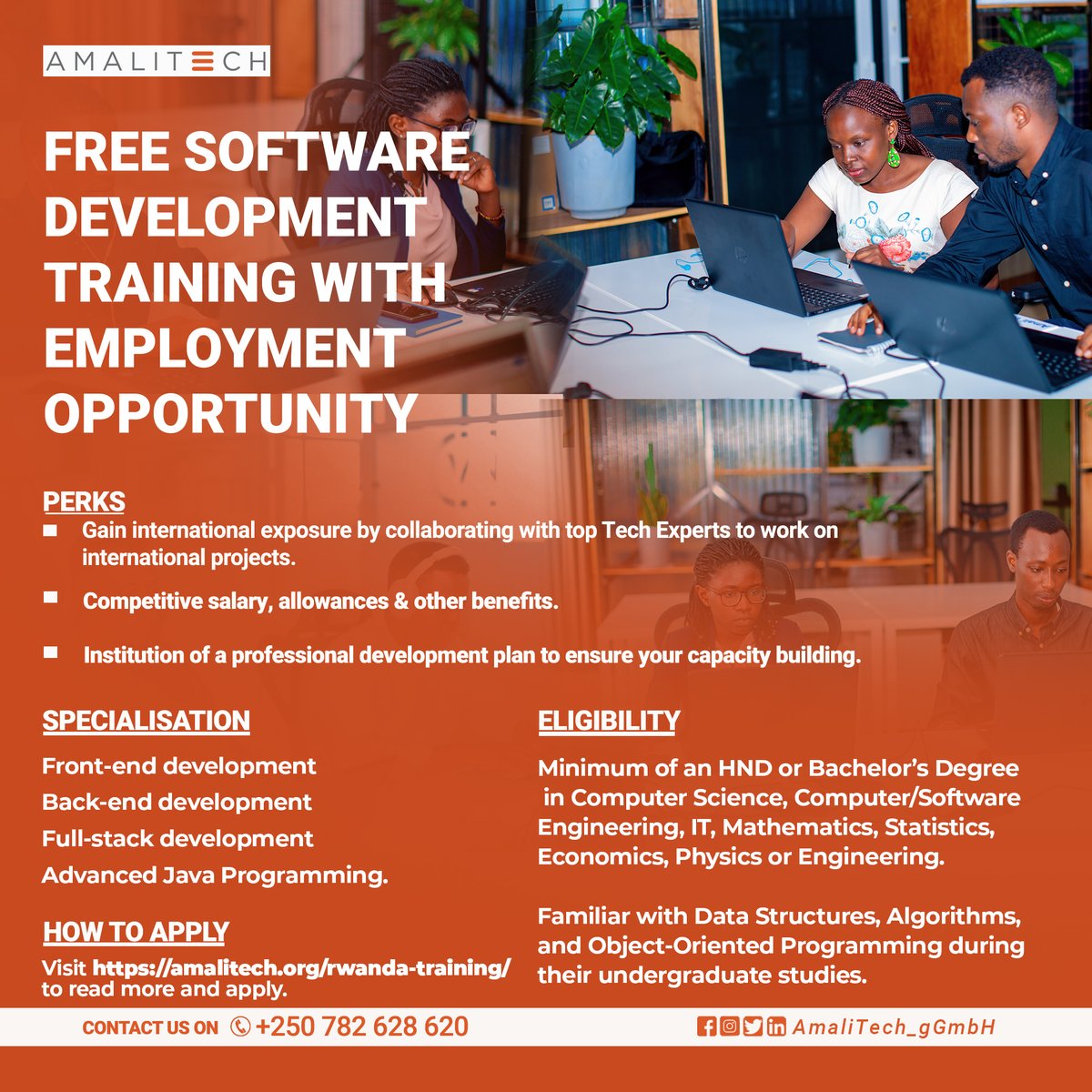 amali_tech's tweet photo. If you are a young person in #Ghana or #Rwanda looking for a chance to change your life through tech, then our Free IT Training with Employment Opportunity is for you!
Interested Ghanaians should visit https://t.co/Ngr2dSSZfv and tech talents in Rwanda can also visit https://t.co/VT2mtUNWFU to read more and apply.

Don’t miss this opportunity to gain invaluable skills, with an employment offer from AmaliTech Services GmbH upon completion.

Joining AmaliTech Services GmbH after completion gives you the opportunity to learn from local and international tech experts, acquire international exposure, and more.
There’s never been a better time to expand your skill set and take control of your future.

To qualify for this free training, you must have a minimum of an HND, bachelor's Degree or higher qualification in Information Technology, Computer Science and STEM-related fields. You should also be familiar with Data Structures, Algorithms, and Object-Oriented Programming.

Sign up today and take that first step toward a brighter future!

#WorkwithAmaliTech