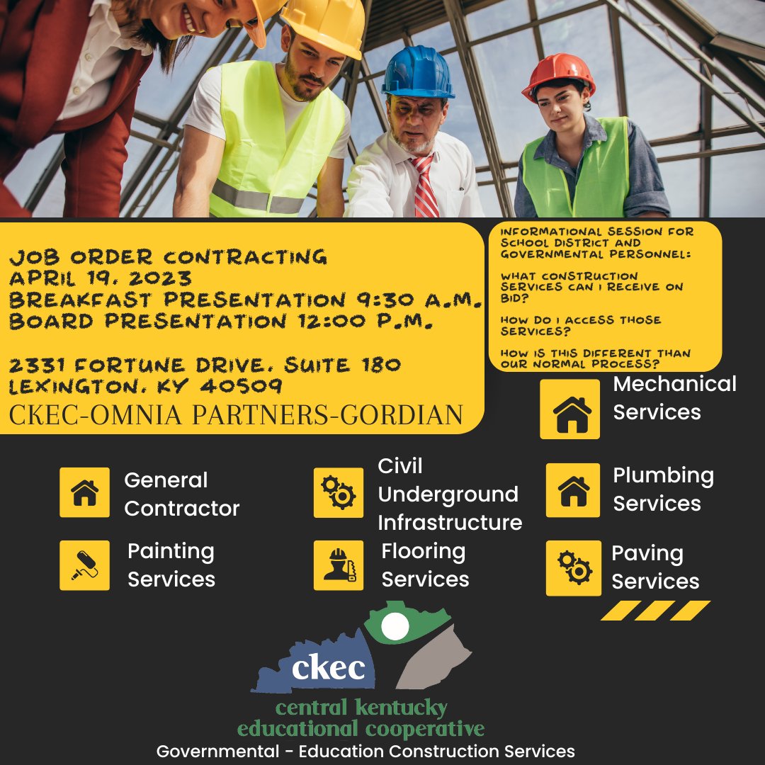 CKYEC's tweet photo. If you are from a school district, municipality or non-profit, please join us tomorrow (April 19) at 9:30 A.M. for our presentation on the exciting new opportunity of Job order contracting. https://t.co/OQu5wH30ek