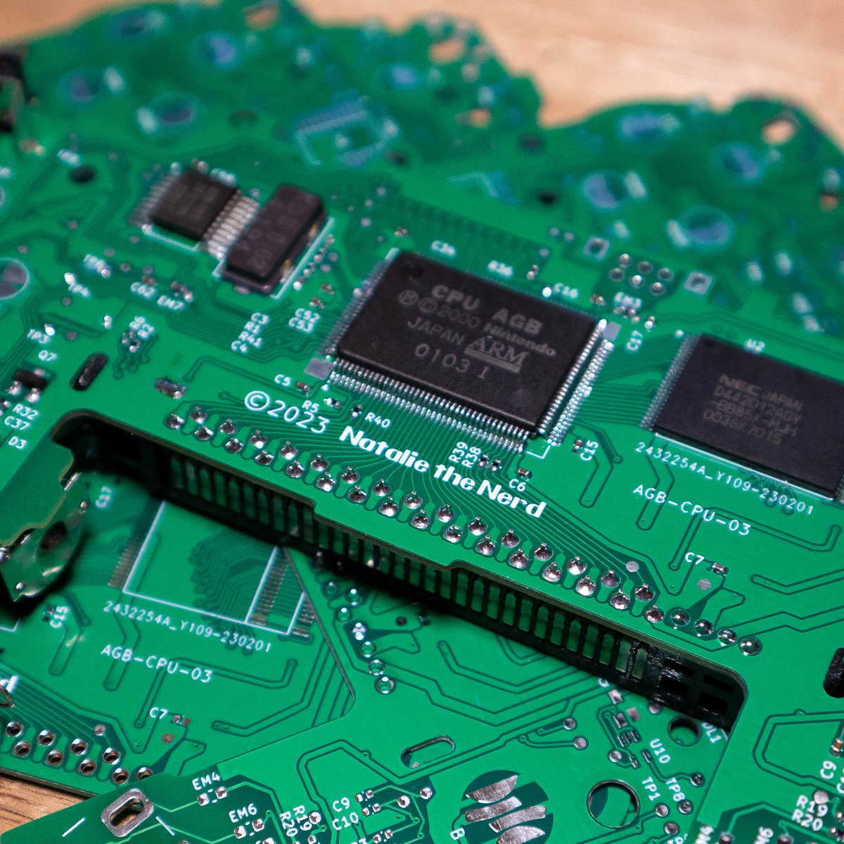 natalie_thenerd's tweet photo. Earlier this year I reverse engineered the GBA and I still don't know why... But I have the full schematics and a working GBA with my name on it. 

HASL is trash, never get HASL for these things (I just wanted to check it worked) https://t.co/SizdFmW55n