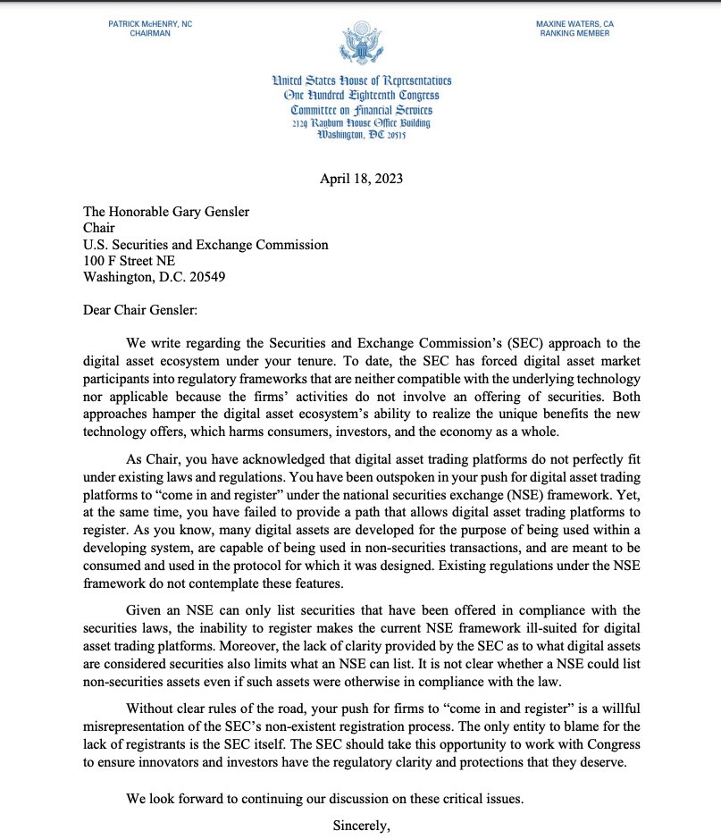 DanSpuller's tweet photo. North Carolina Rep. @PatrickMcHenry blasts @SECGov Chair @GaryGensler's misrepresentation of non-existent #digitalassets trading platform registration process. Thanks to all who signed, including @ByronDonalds @tomemmer &amp; @RepFrenchHill 

📎Full letter: https://t.co/N7tbw2nHWI https://t.co/QCJQQ7RGe8