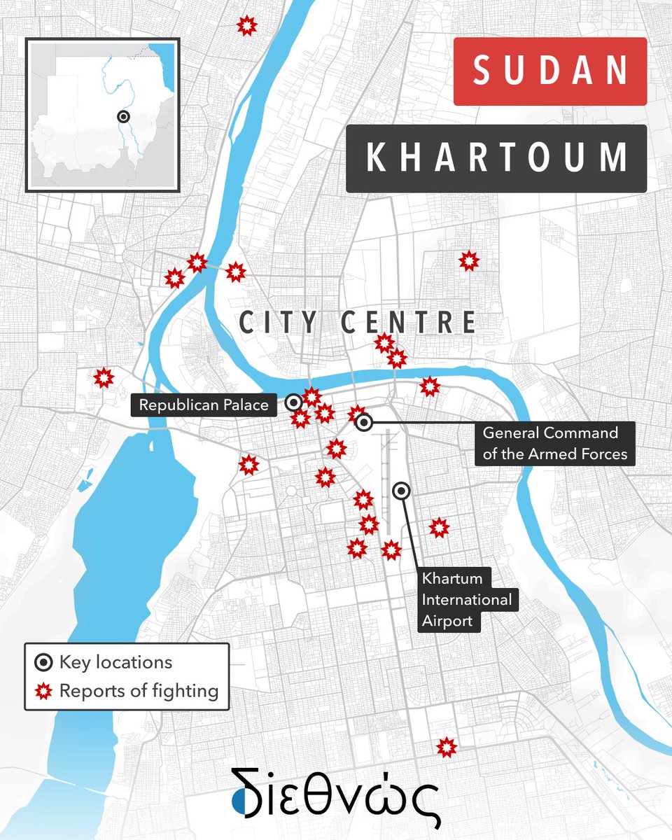 #Sudan’s #Khartoum has exploded into open urban #warfare

Plans for a civilian-led #democracy now in shambles, with clashes spreading across the country and in the #Darfur region.

Read more @ diethnos.com

#Africa #UnitedNations #UN #USA #Russia #Moscow #Politics