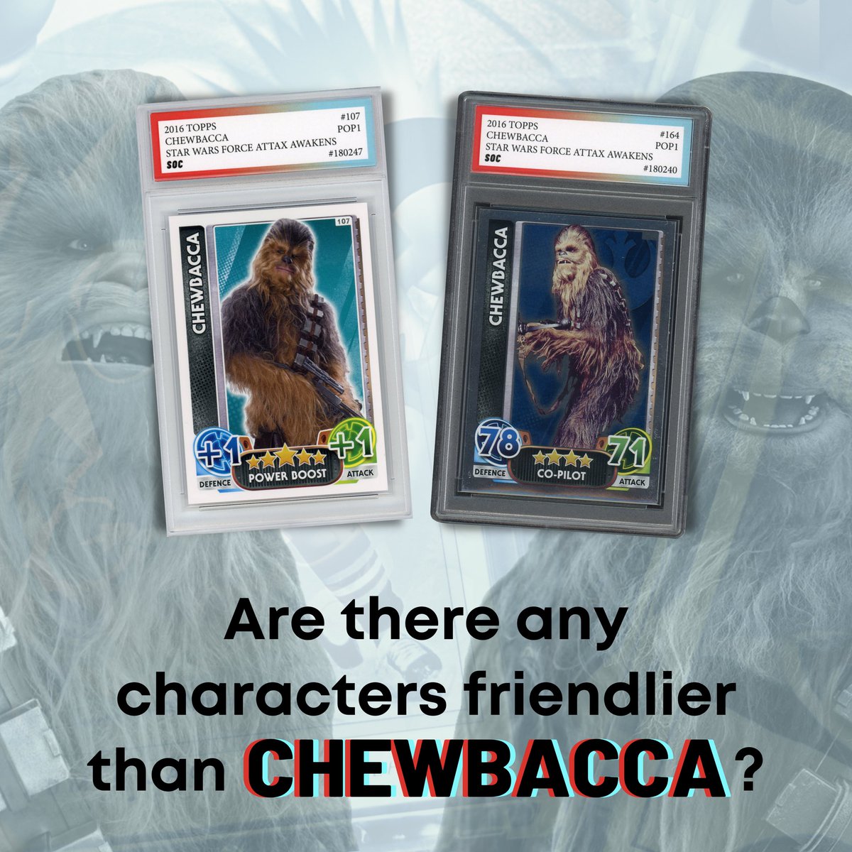 And what is your opinion? 😂
Any character more awesome than Chewbacca? 🥹

#specialonecards #soc #starwars #chewbacca #tradingcards #gradingcards #starwarscards #chewbaccacards #starwarsfans #starwarscommunity