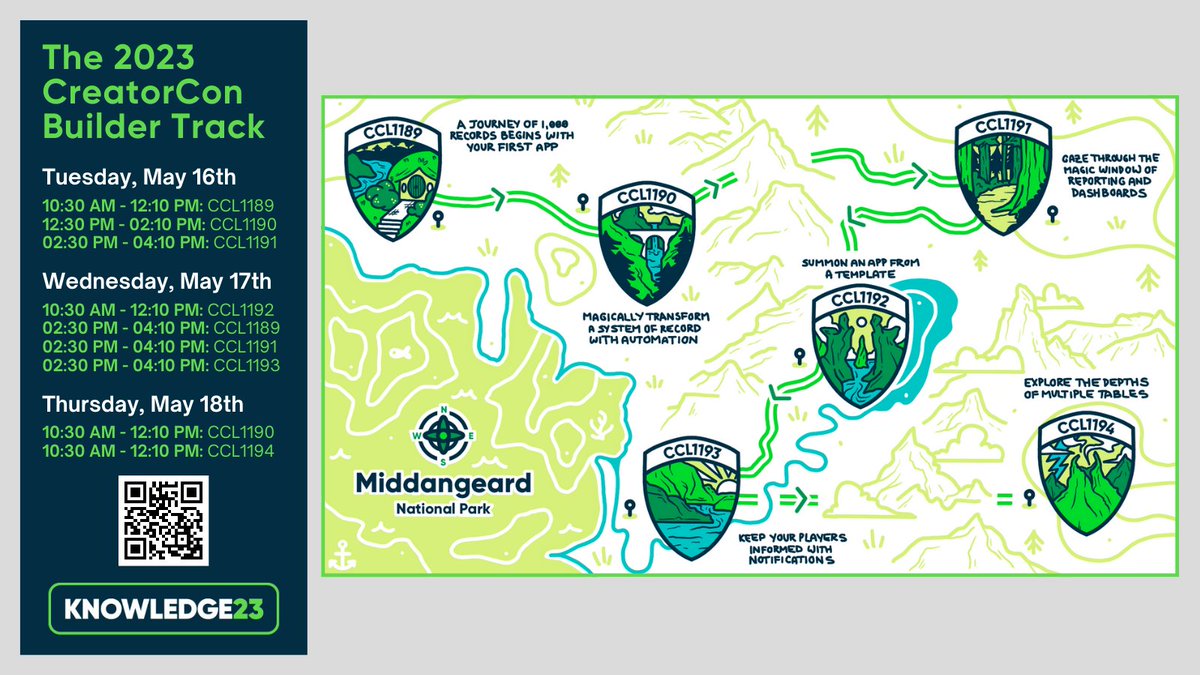 poshprogrammer's tweet photo. The @ServiceNow #Know23 Agenda Builder is ✨ LIVE ✨ which means I can finally make my big announcement...

Welcome to Middangeard National Park, home to #CreatorCon's Builder Track Series! 🏕️ How many badges will you collect? 

💻 Register Here: https://t.co/QAbBCrKihC https://t.co/HYxZqHqHsw