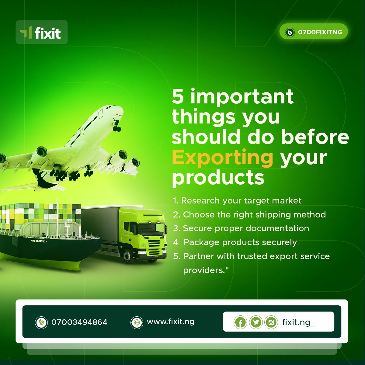 Fixit_ng1's tweet photo. Exporting your products can be a great way to grow your business.

Check put what you need to put in place to get started.

Like and follow @Fixit_ng1 for more tips on exportation.

#fixitng #serviceplace #exportation #exportnigeria #exportbusiness #exportbusinesstips https://t.co/9tgnYJvDU9