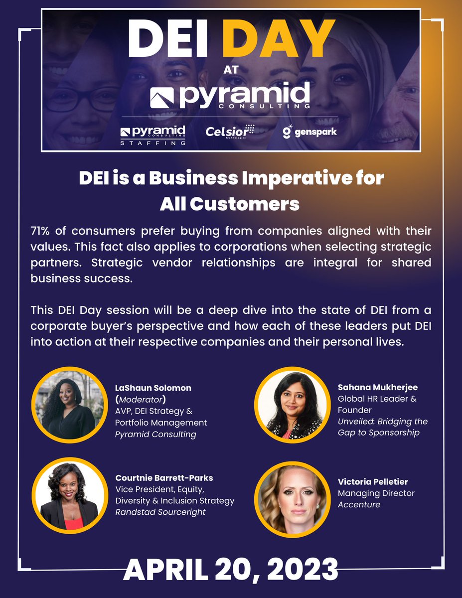 PyramidCiGlobal's tweet image. #DEI is a business imperative for all customers, and we’re excited to announce this session as part of our #DEIDay employee event!

71% of consumers prefer buying from companies aligned with their values. This fact also applies to corporations when selecting strategic partners.