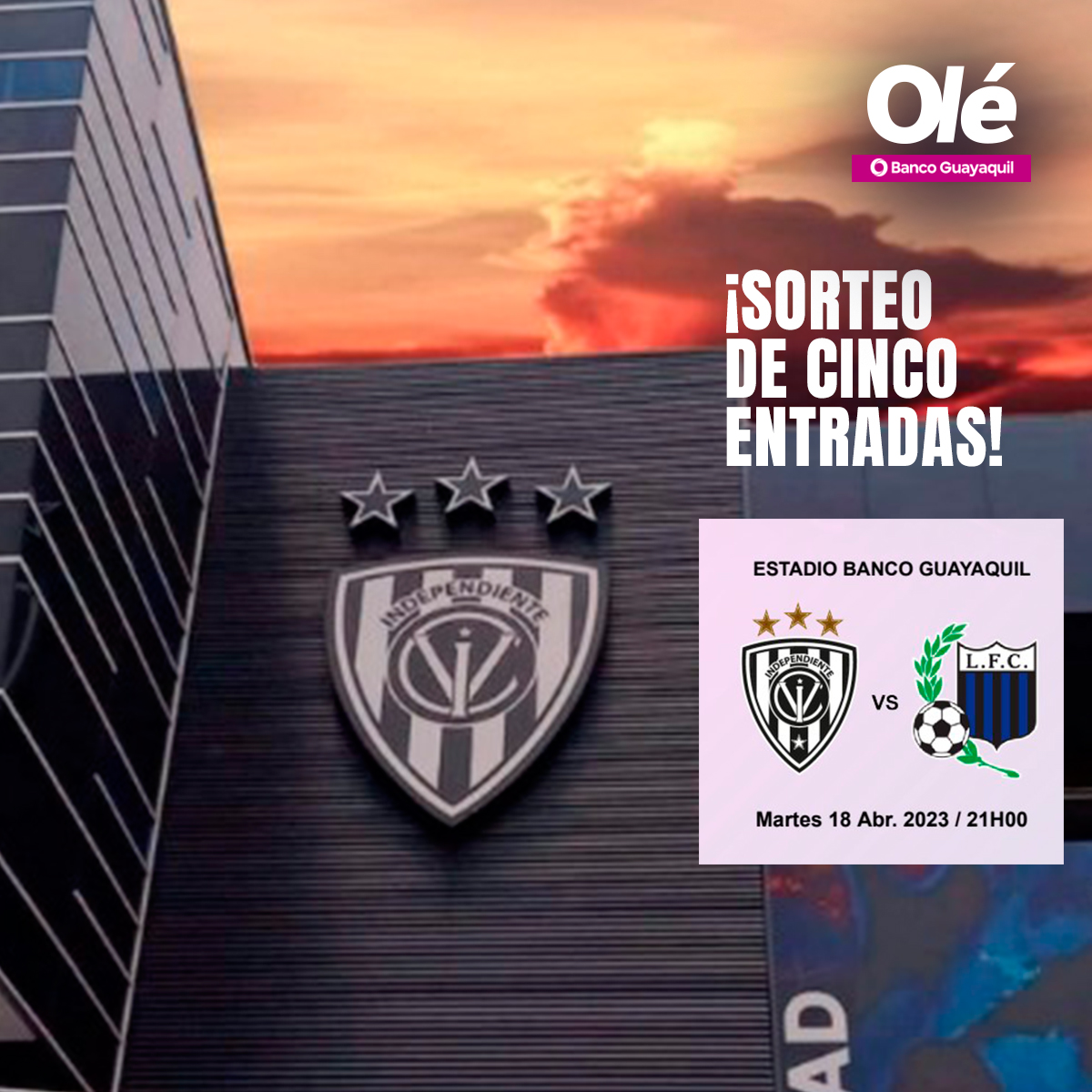 DiarioOleEc's tweet photo. 🚨⚫️🔵¡ATENCIÓN, SORTEO RELÁMPAGO!

🎟️🏆 ¡Tenemos 5 entradas -un único ganador- de cara a Independiente del Valle ante Liverpool por la Copa, esta noche en el estadio Banco Guayaquil!

Debes:
✅ Seguir a @DiarioOleEc 
✅ Darte RT a este mensaje

⏳ ¡Hay tiempo hasta las 15! https://t.co/HIO6iV7jKl