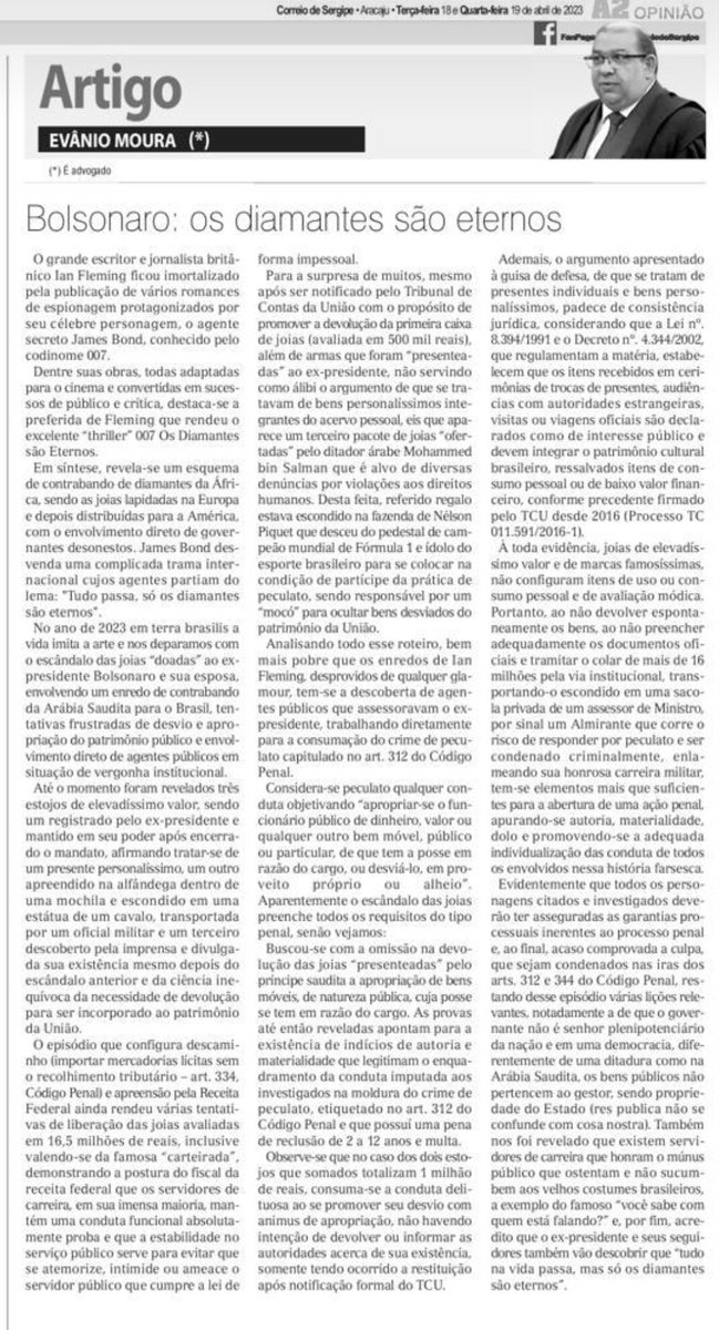 MouraEvanio's tweet photo. Artigo publicado no Correio de Sergipe de hoje. Analiso a luz do direito penal o recebimento das joias pelo ex-presidente da República. https://t.co/iE8znbf43J