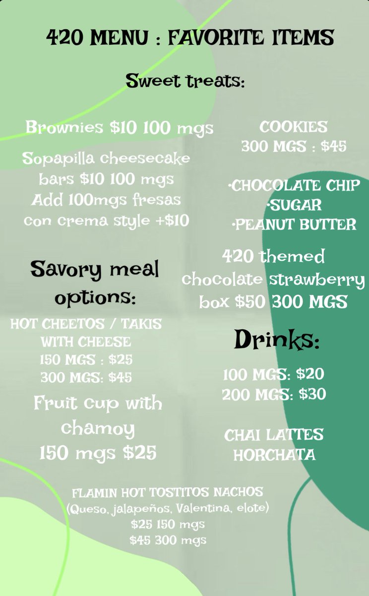 k_eats_'s tweet photo. Canna treats? Edibles? Food infusions? Whatever you call it, we got your canna goodies! New and fun options on the menu as well as our og fan favorites!!! Pick up all day Wednesday and all day Thursday (aka 420!!!) 💨😶‍🌫️🌬🍃🍁Order now!!! 😶‍🌫️ https://t.co/8iJbegoZw9