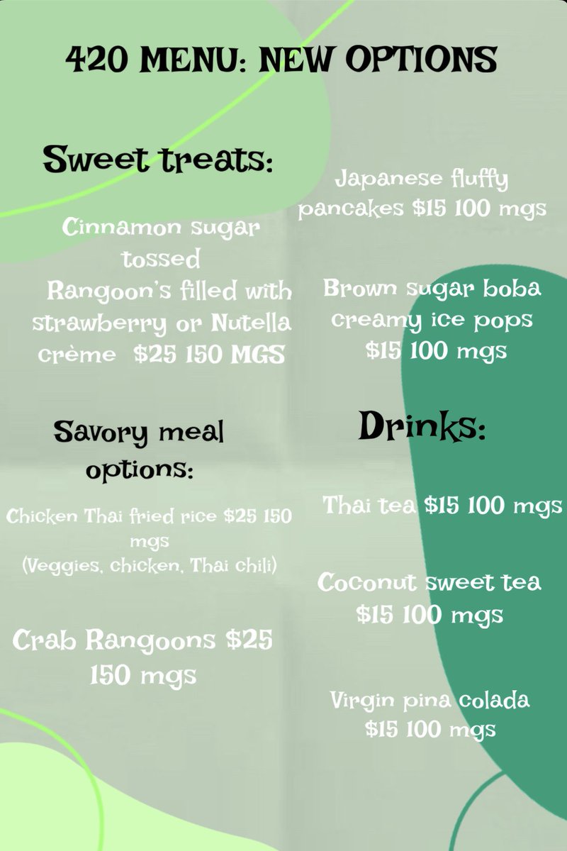 k_eats_'s tweet photo. Canna treats? Edibles? Food infusions? Whatever you call it, we got your canna goodies! New and fun options on the menu as well as our og fan favorites!!! Pick up all day Wednesday and all day Thursday (aka 420!!!) 💨😶‍🌫️🌬🍃🍁Order now!!! 😶‍🌫️ https://t.co/8iJbegoZw9