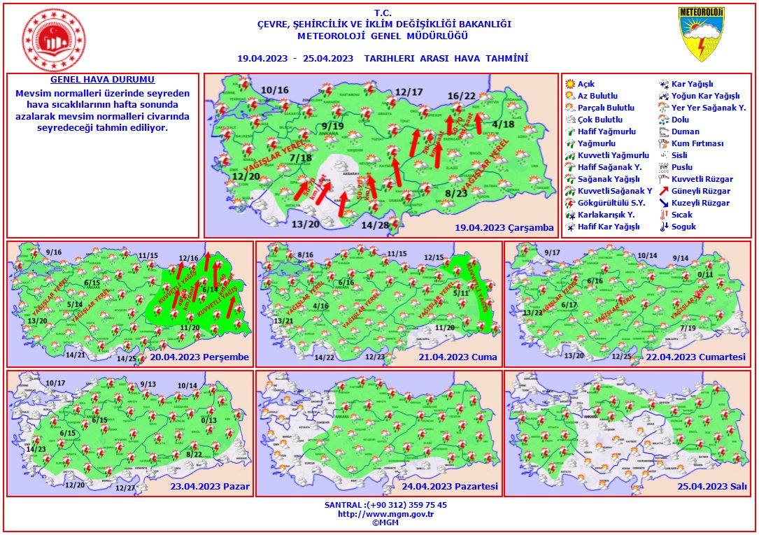 meteoroloji_twi's tweet photo. Haftalık Hava Tahmini  
(19 - 25 Nisan 2023)  
Mevsim normalleri üzerinde seyreden hava sıcaklıklarının hafta sonunda azalarak mevsim normalleri civarında seyredeceği tahmin ediliyor. https://t.co/bbX2Eus0Vr