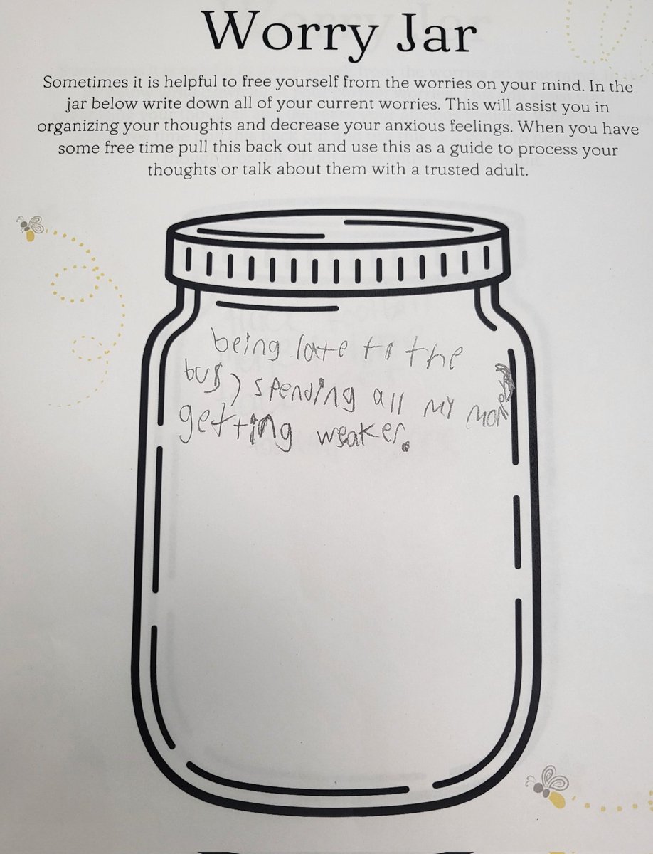sosocial_worker's tweet photo. Our kids care! Social Work Group talked about anxiety &amp; worry today. Their "Worry Jars" go to show how big their hearts are! ❤️ #ALLIN https://t.co/QJR7E1v9tR