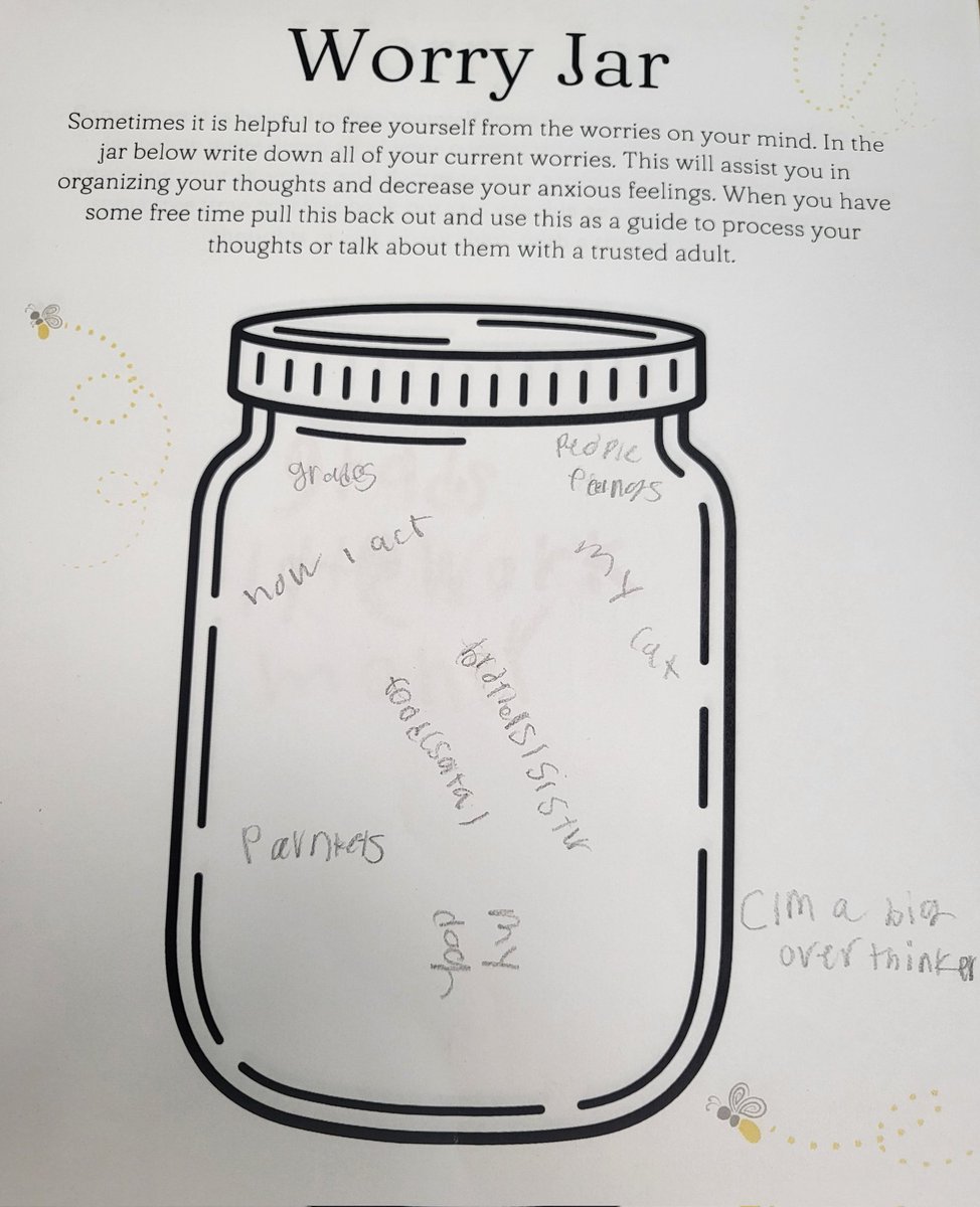 sosocial_worker's tweet photo. Our kids care! Social Work Group talked about anxiety &amp; worry today. Their "Worry Jars" go to show how big their hearts are! ❤️ #ALLIN https://t.co/QJR7E1v9tR
