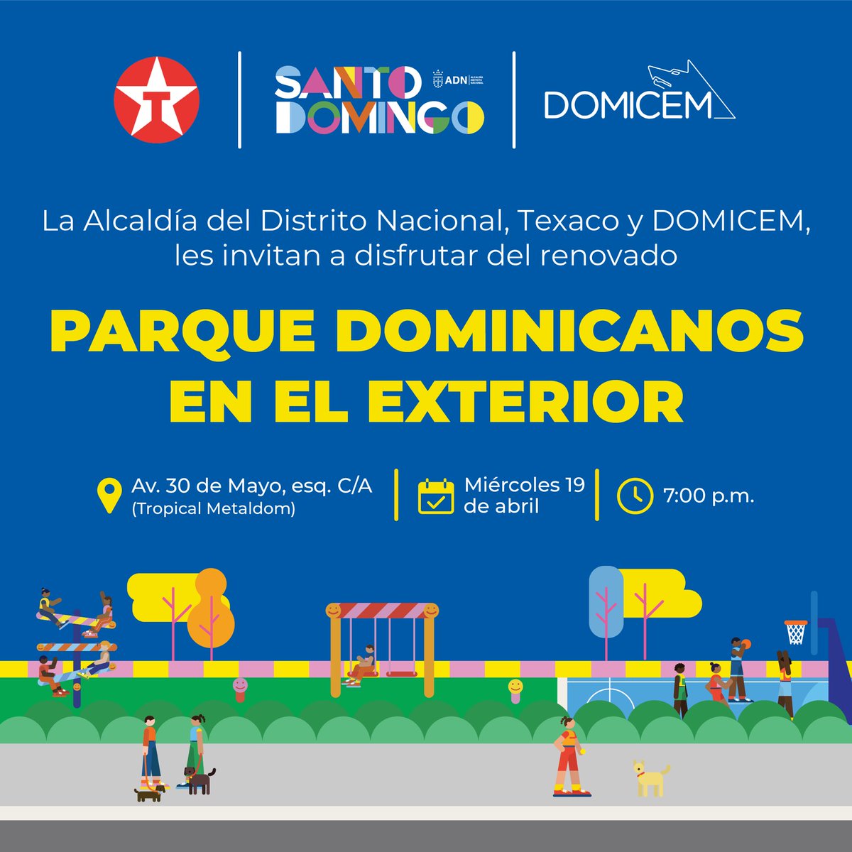 ¡Les invitamos a disfrutar del renovado parque Dominicanos en el Exterior junto a @TexacoRD y <a href="/Domicem1/">Domicem</a> !

Mañana miércoles a las 7:00 PM en la 📍Av. 30 de Mayo esquina calle A (Tropical Metaldom)

¡Les esperamos!