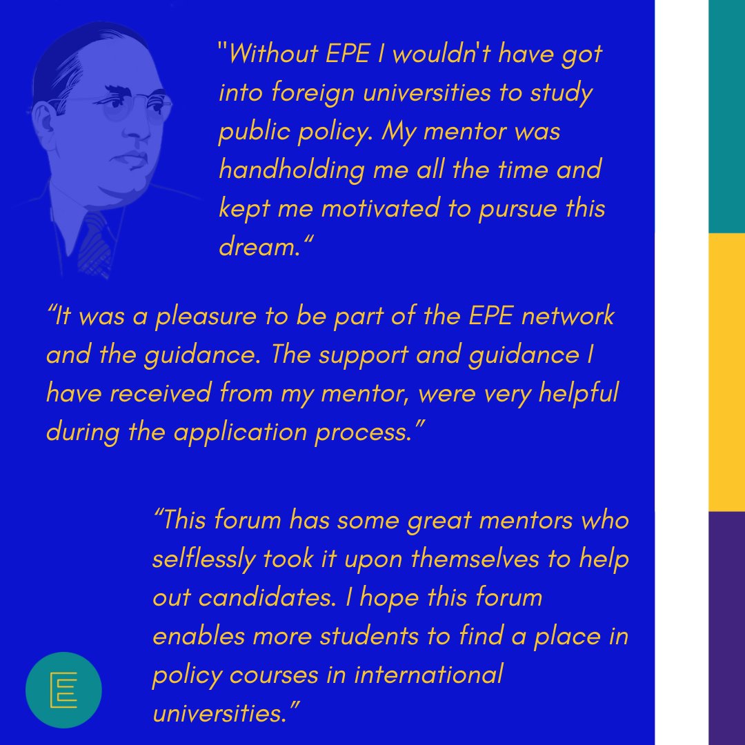 equityinpolicy's tweet photo. Here's what some of our superstar alumni had to say about EPE's Fellowship :)
If you are Bahujan, looking to be mentored for Master's applications in public policy abroad, please fill up this form:
https://t.co/7J5sm5faCN
#EquityInPolicyEd
#CasteDiversity
#JaiBhim https://t.co/NVDljTwxwz