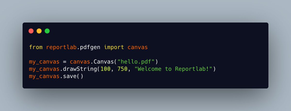 driscollis's tweet photo. @mousevspython For this example, you will use #ReportLab to create a PDF with #Python
You can do it in 4 lines of code, in fact! https://t.co/7MnyldTqMd