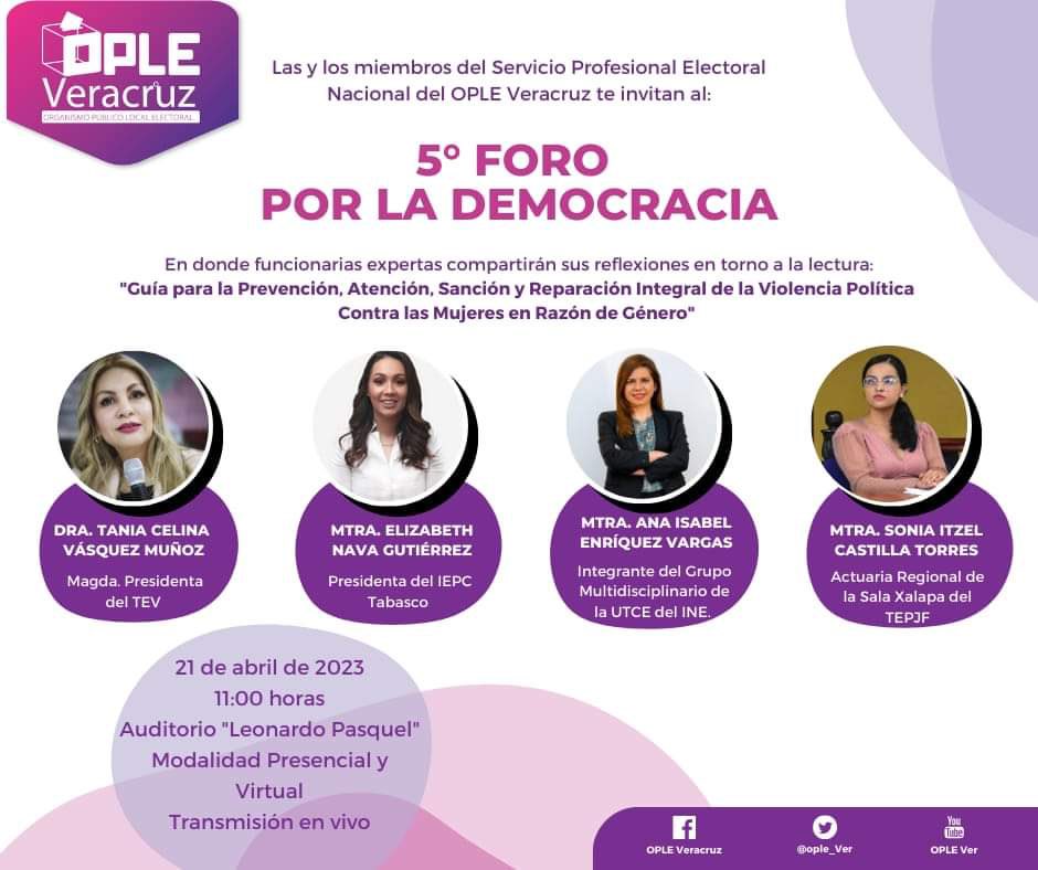 Lourdes_FdezMtz's tweet photo. 📢5° #ForoPorLaDemocracia organizado por las y los #MSPEN del @ople_Ver.
🟣 Guía para la Prevención, Atención, Sanción y Reparación Integral de la Violencia Política Contra las Mujeres en Razón de Género.
¡Les invitamos! 🙋🏻♀️
📍Presencial y también pueden seguirlo: FB y YouTube https://t.co/WXCNVz9ZWi