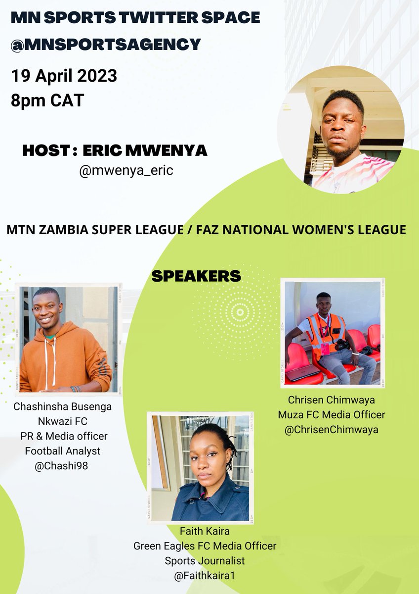 MN Sports (@mnsportsagency) on Twitter photo Join us for our weekly space where we update you on what's happening in the Mtn Zambia Super League / FAZ National Womenโs League
Host- <a href="/mwenya_eric/">MUKUBA BOY</a>
Speakers- <a href="/chashi98/">Chashinsha Ahmed Busenga ๐ธ</a> <a href="/ChrisenChimwaya/">Chrisen Chimwaya</a> <a href="/Faithkaira1/">Sports Chic ๐ฟ๐ฒ</a> Join us for our weekly space where we update you on what's happening in the Mtn Zambia Super League / FAZ National Womenโs League
Host- <a href="/mwenya_eric/">MUKUBA BOY</a>
Speakers- <a href="/chashi98/">Chashinsha Ahmed Busenga ๐ธ</a> <a href="/ChrisenChimwaya/">Chrisen Chimwaya</a> <a href="/Faithkaira1/">Sports Chic ๐ฟ๐ฒ</a>
