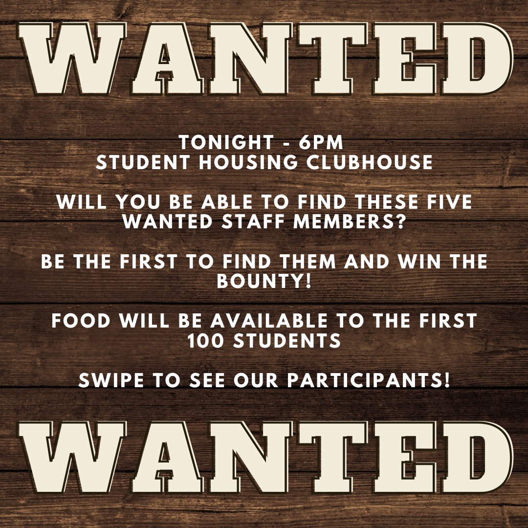 PFWHousing's tweet photo. Tonight we are hanging out at housing to find these 5 individuals. Are you ready for the challenge in our Human Scavenger Hunt? Join us at housing at 6pm and bring a friend! Food available to the first 100 students. https://t.co/3uuD7sunHq