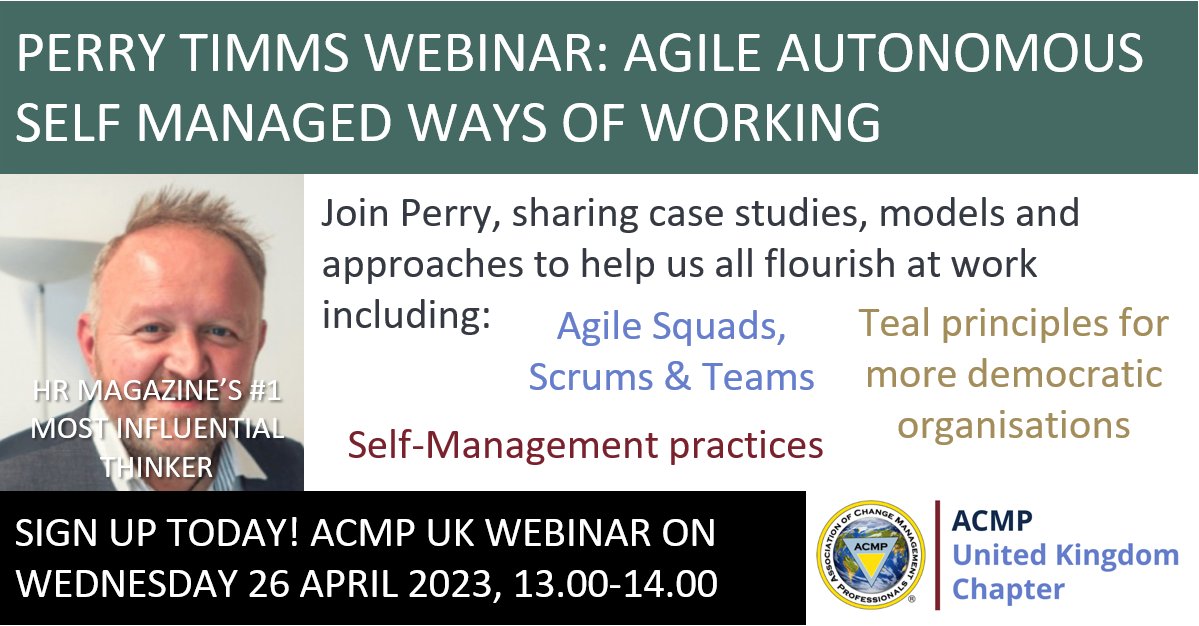 acmp_ukchapter's tweet photo. Calling all workplace change activists to join Perry Timms webinar, sign up today: https://t.co/uOI7ZuYEKh
At our ACMP UK April event Perry will share everything from Agile Squads, reducing layers to more democratic workplaces
#acmp #acmpuk #change #agile #democratic #perrytimms https://t.co/XuEEzWcU1e