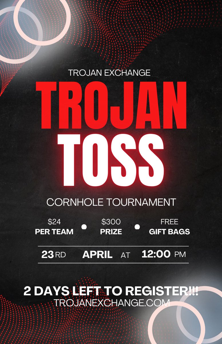 TrojanExchange's tweet photo. 2 DAYS LEFT TO REGISTER!!! Sign up to participate in our cornhole tournament on Sunday, April 23rd‼️ It only costs $24 a team, and you could win $300!!! ANYONE can sign up at https://t.co/38qT4vJDCE ! https://t.co/NaE7BWEJiL