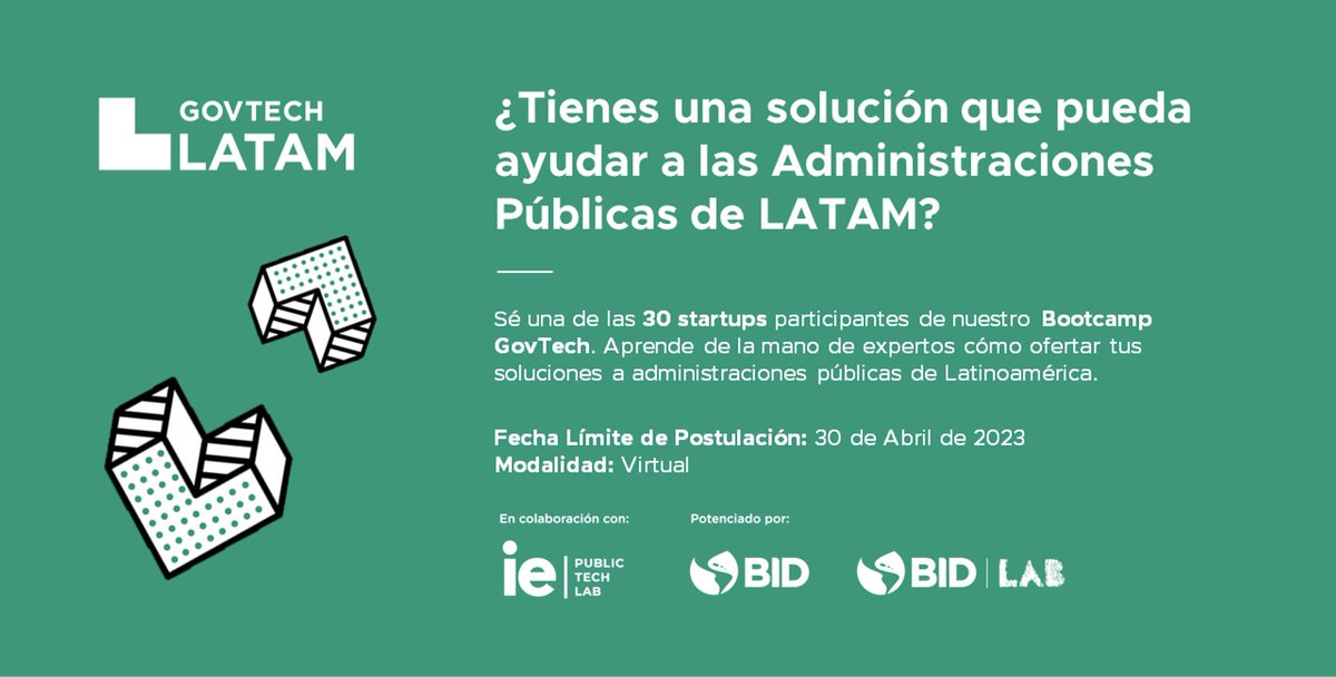 👀 ¿Quieres ser una de las 30 startups elegidas para el #BootcampGovTech2023? Tendrás la posibilidad de presentar un pitch ante administraciones públicas de LATAM. Presenta  tu startup hasta el 30/04 <a href="/GovTechLATAM/">GovTechLATAM</a> 👇bit.ly/BootcampGovtec…