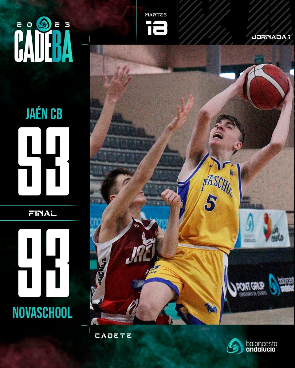 FAB_Andaluza's tweet photo. ⛹️‍♂️ #CADEBACM2023 | J1 🔚

⏰ 13:00h

📍Pab. del Parque
🏀 @BaloncestoCoria 6⃣9⃣-1⃣2⃣1⃣ @CanteraUnicajaC   

📍Pab. Bahía Sur
🏀 @jaen_cb 5⃣3⃣-9⃣3⃣ @CBNovaschool    

📊 Afición FAB

#baloncestoandalucia 

@urbaser_ @cajasur @TurismoAND @pontgrup @AytoSanFernando https://t.co/unHLmSEMVN