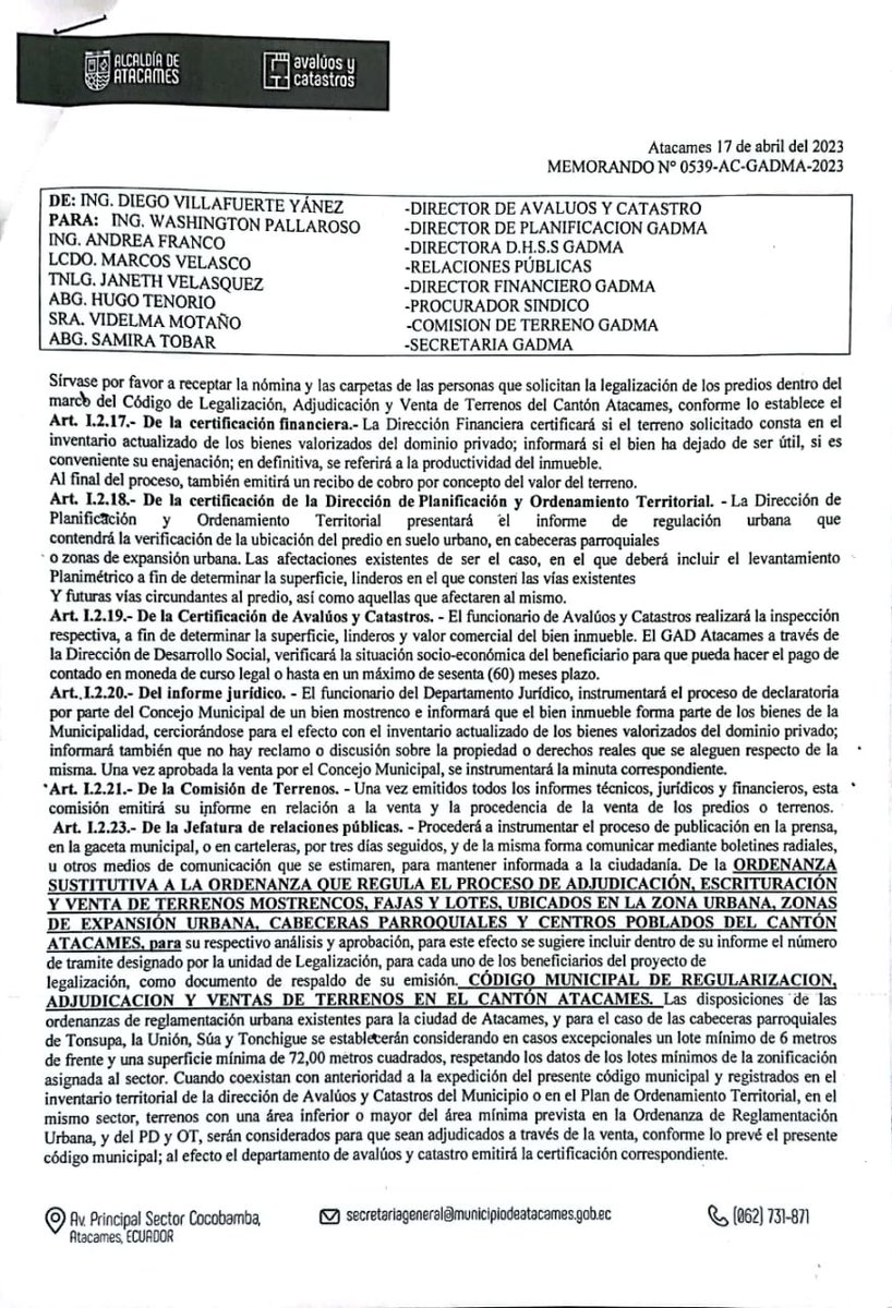 MuniAtacames's tweet photo. El patrimonio de las familias de #Atacames lo seguimos valorando mediante la legalización de sus terrenos que realizan en @MuniAtacames, así evitamos las invasiones y otros problemas sociales, les compartimos un nuevo listado de usuarios que dijeron si a la obtención de Escritura https://t.co/koQ0OTJGzf
