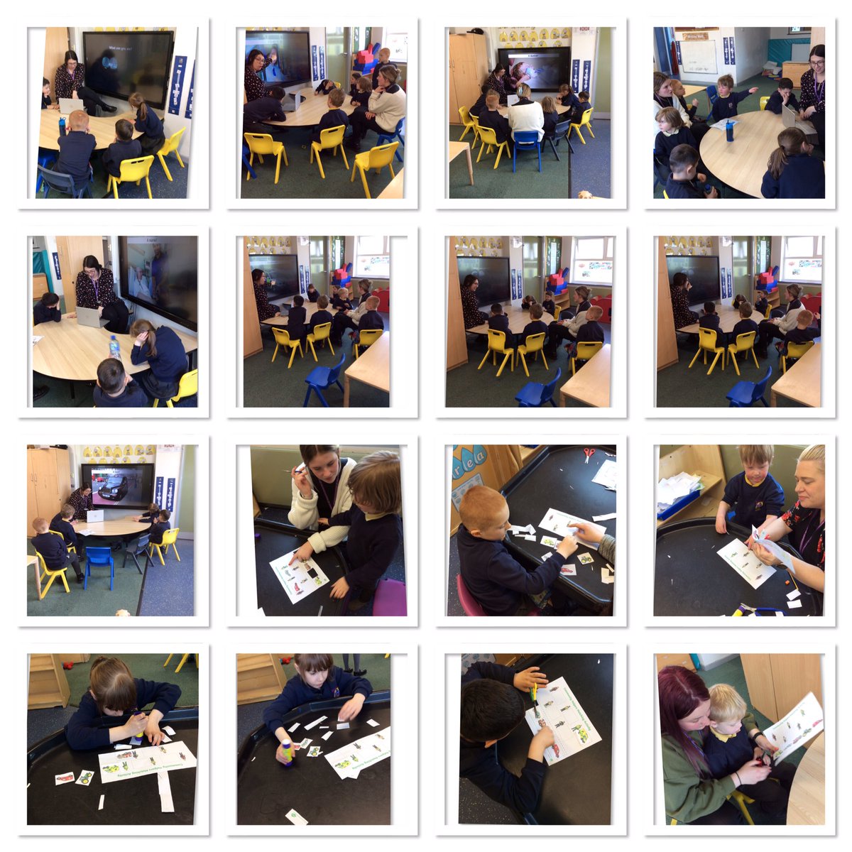 ACMeadstead's tweet photo. We’ve had a lovely afternoon playing a game of interactive ‘what can you see?’ We spotted a police car, bus driver, fire fighter, nurse and dentist! We then did some cutting and sticking to see if we could remember what vehicles and people we spotted. 🚔 🚌 👨‍🚒 🚒 @MeadsteadPA https://t.co/u78g9yVH2k