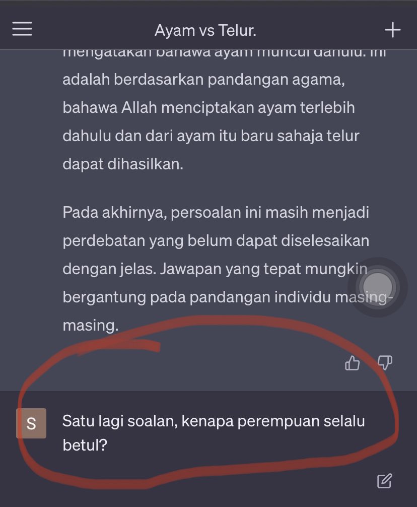 sabristubborn's tweet photo. Dah lama saya nak tanya soalan ni. Ayam dengan telur mana dulu?

Lepastu saya tanya soalan kedua.. kenapa perempuan selalu betul? Tengoklah Ai jawab apa? 

Dia pun error 😢👇 https://t.co/Y5uzPJEaot
