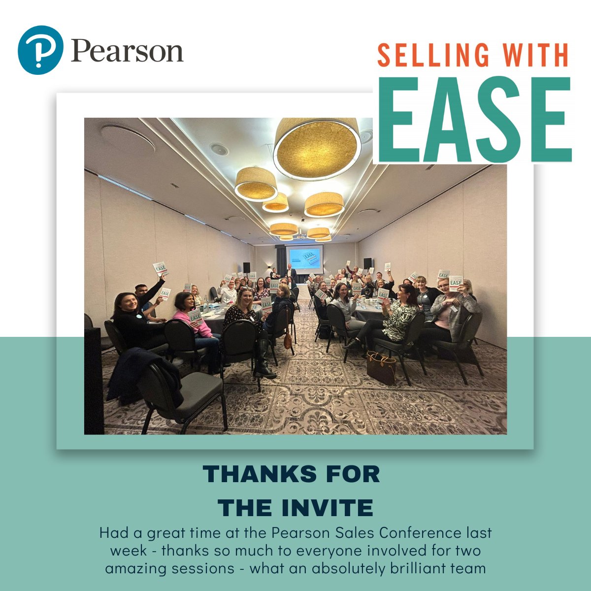TheESSClub's tweet photo. Thanks to everyone for making me feel so welcome at the @pearson Sales Conference   

What a great organisation to work with (this is me with the Primary Team - all holding up their copies of Selling with EASE)  

I genuinely drove away with a huge smile on my face 🙂 https://t.co/JjnXfVO6NH