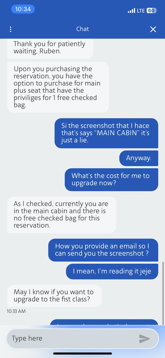 RD_11's tweet photo. @AmericanAir @Boeing Worst service. And misleading sells.

Offer upgrade during booking process but don’t offer the link for selected cities. Then customer service says Main Cabin does not offer checked bag. https://t.co/XuE41rUUkM