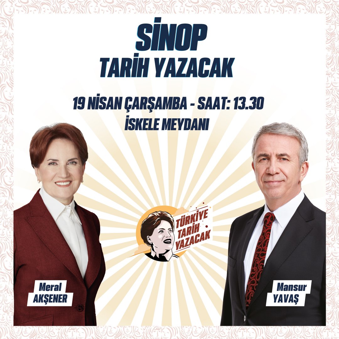 meral_aksener's tweet photo. Sayın @mansuryavas23 ile birlikte;

📍19 Nisan Çarşamba günü (yarın)
🕜13:30’da Sinop'ta İskele Meydanı'nda,
🕔17:00'de Antalya’da Kepez Turgut Özal Kapalı Spor Salonu önünde Kepez Miting Alanı’ndayız…

Hiç kimsenin endişesi olmasın;
14 Mayıs'ta #TürkiyeTarihYazacak! https://t.co/395sua3AeS