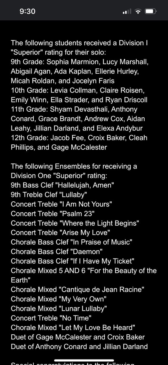 dcchoirs's tweet photo. Congratulations to the Central choirs on State Solo/Ensemble contest. 
41 "Superior", 23 "Excellent", and 9 "Good" ratings.  
Also THREE “Best of Centers” that will perform again next month.
See the pictures to see Superior and Best of Center results! @chspride1 @DavSchools https://t.co/5HTpwGHZuo