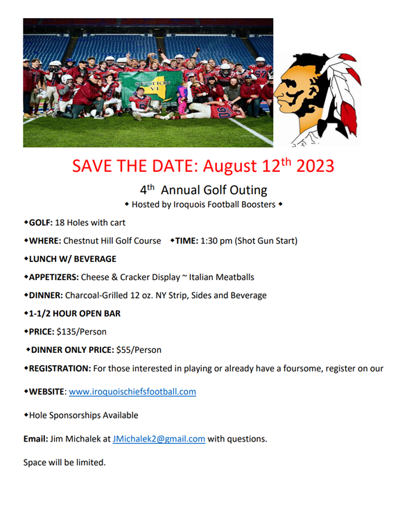 It’s almost time to “Tee it up!” 

In 115 days, the shotgun will ring in our 4th Annual Golf Outing!  

Last year, we had an amazing turnout of alumni, faculty, parents &amp; WNY football supporters!  

Sign your group up today as space is limited! Lunch &amp; steak dinner included!