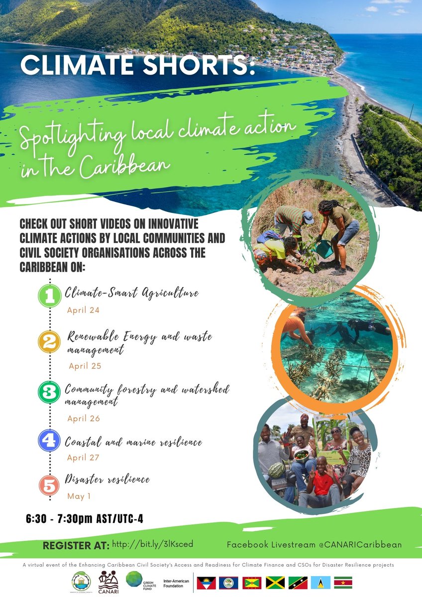 CANARICaribbean's tweet photo. 🌎 As we celebrate Earth Day 2023, join us to enjoy short videos on innovative local climate actions at the virtual Climate Shorts from April 24-27 and May 1 at 6:30-7:30pm AST. 

📌 Register: https://t.co/odeAY6g7u5 

#climateation #climatereadyCSOs #ResilientCaribbean https://t.co/Na6sp3Qk46