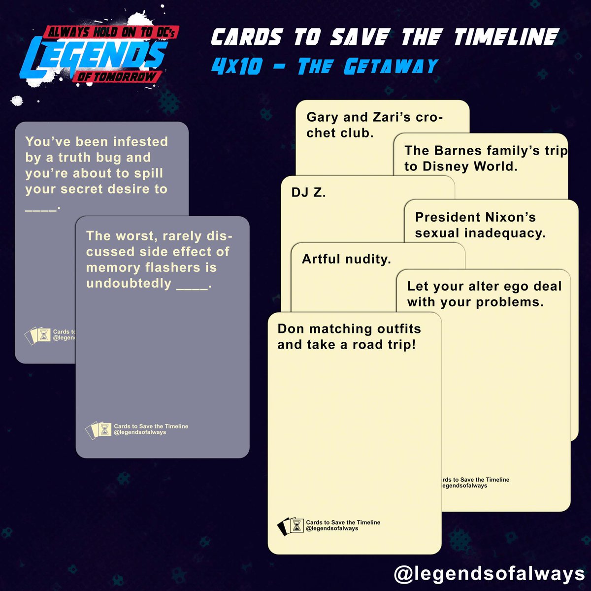 legendsofalways's tweet photo. Our Cards to Save the Timeline deck is growing with the latest cards added for “The Getaway.” What would you add?

#legendsoftomorrow #dcslegendsoftomorrow #cardstosavethetimeline #dclot #ahotdclot #savelegendsoftomorrow #saveahotdclot https://t.co/tpvREdrrNv