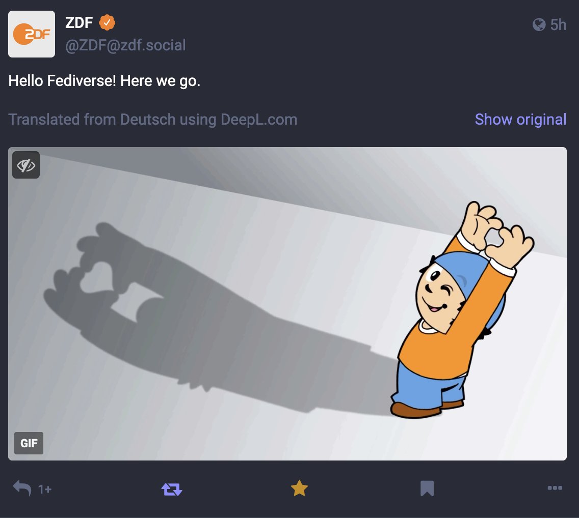 joinmastodon's tweet photo. We welcome Germany's national public television broadcaster, @zdf to #Mastodon today! We are very excited you are there! ✊ #Mastodon #PublicMedia

https://t.co/9s1ITxsxok https://t.co/Eut9I2GwkF