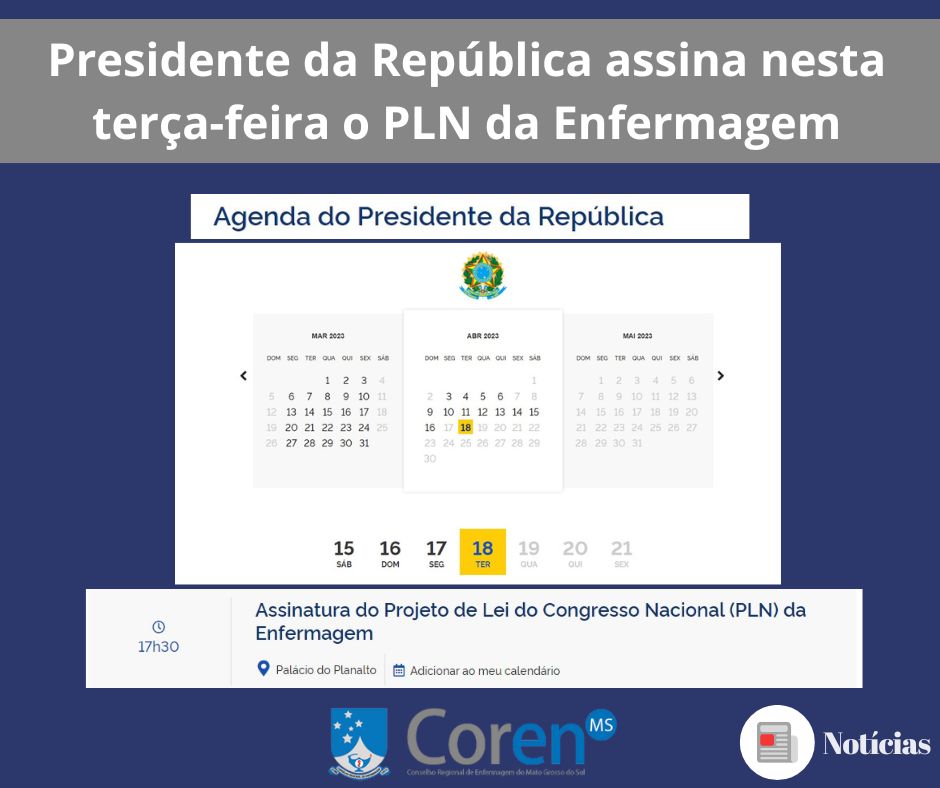 CorenMS's tweet image. O presidente Lula envia nesta terça-feira (18/04) o Projeto de Lei do Congresso Nacional (PLN) para pagar o piso salarial dos profissionais da enfermagem. De acordo com a agenda do presidente, a solenidade para assinatura e envio está prevista para as 16h30 (de MS).
