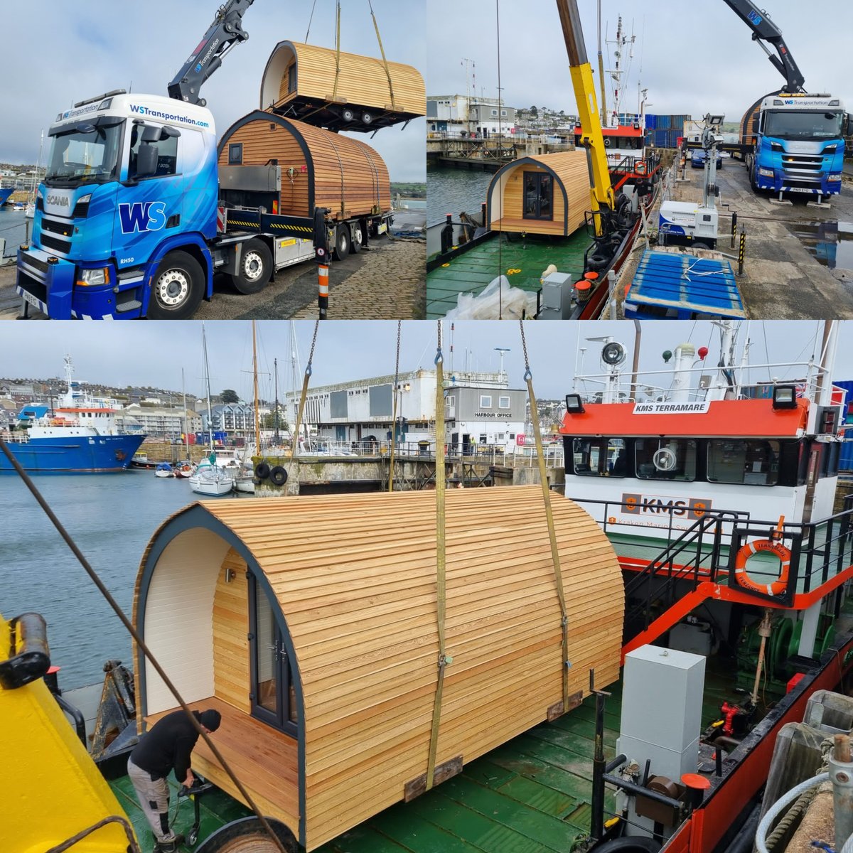 WSTLtd's tweet photo. Our specialist lifting team were busy down at Penzance Harbour, delivering two Glamping Pods for @cedartreepods and unloading them to a waiting boat ready for their final destination.
#wstransportation #drivenbyperfection #specialislifting #onsite #hiab #logistics #transport https://t.co/YmXONxAnOc