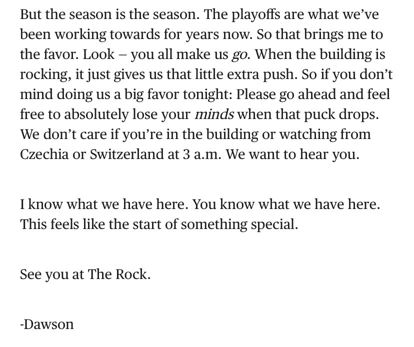 TheBrattPack63's tweet photo. The full letter from Dawson Mercer honestly gave me chills 

But here is the most important part

Stand up tonight

Get rowdy

Have some fun

Devils playoff hockey https://t.co/fO3BpQPy3a