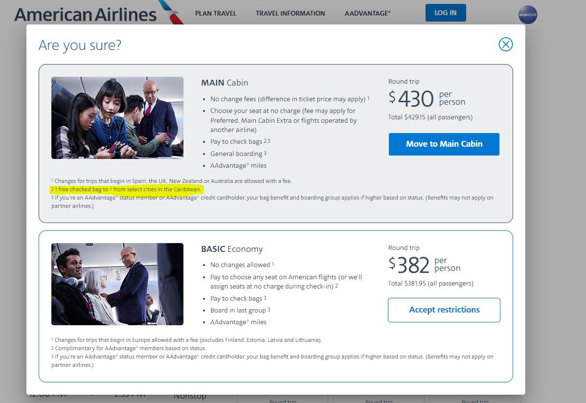 RD_11's tweet photo. Worst service and misleading sells. @AmericanAir 

Offer upgrade during booking process but don’t offer the link for selected cities. Then customer service says Main Cabin does not offer checked bags. https://t.co/mE3Y7siMde