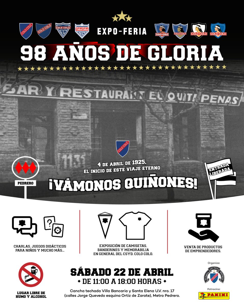 RecuperemosCC's tweet photo. Amigos de #recuperemoscc, estaremos el día Sábado 22 en la feria de los compañeros de @mfuerzadestreza, así que no te quedes fuera del mayor evento de los 98 años de Colo-Colo, desde las 11 hrs. habrán muchas sorpresas, los esperamos! EL CLUB DE DAVID NO ES PARA GOLIAT. https://t.co/t23UUQTZsY