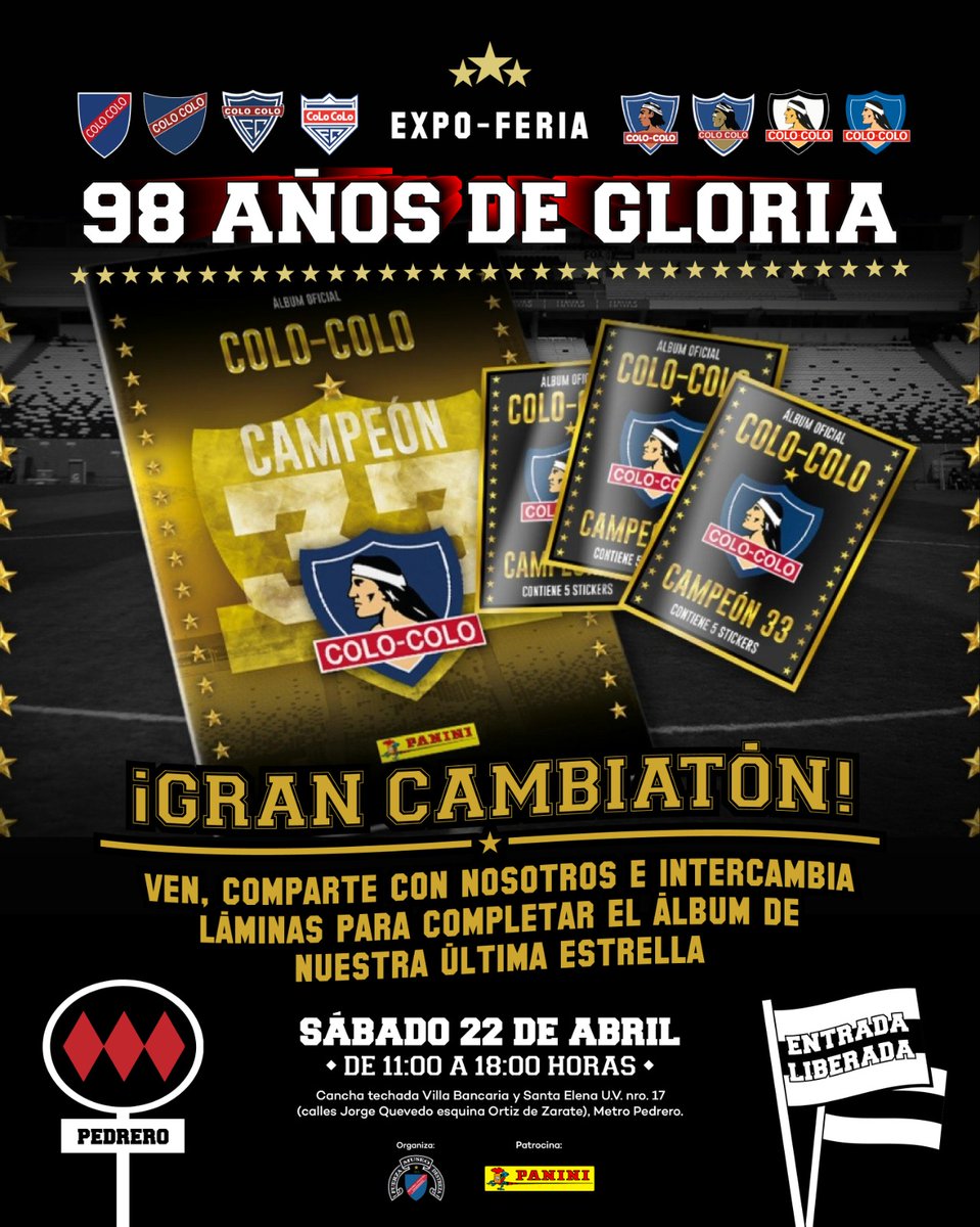 RecuperemosCC's tweet photo. Amigos de #recuperemoscc, estaremos el día Sábado 22 en la feria de los compañeros de @mfuerzadestreza, así que no te quedes fuera del mayor evento de los 98 años de Colo-Colo, desde las 11 hrs. habrán muchas sorpresas, los esperamos! EL CLUB DE DAVID NO ES PARA GOLIAT. https://t.co/t23UUQTZsY