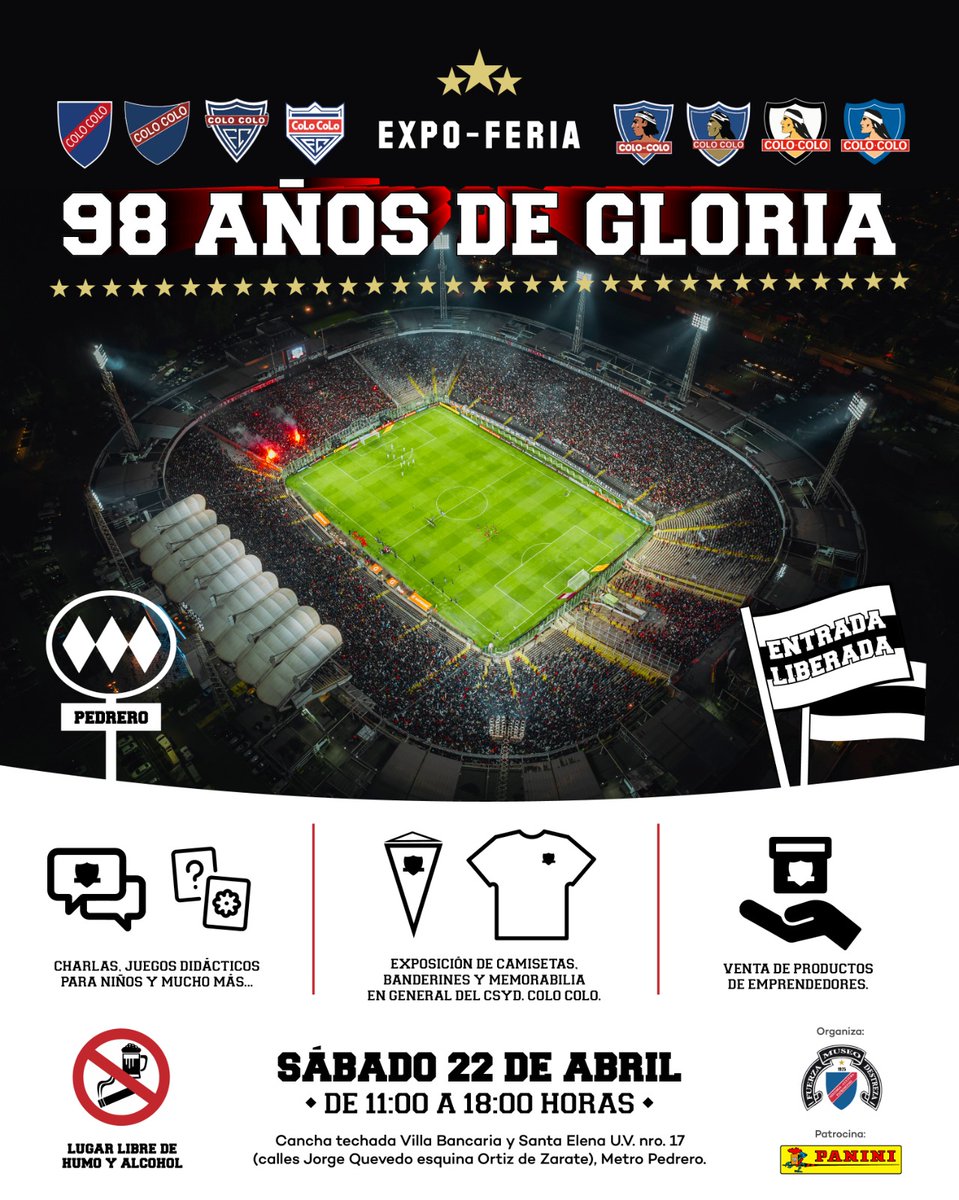 RecuperemosCC's tweet photo. Amigos de #recuperemoscc, estaremos el día Sábado 22 en la feria de los compañeros de @mfuerzadestreza, así que no te quedes fuera del mayor evento de los 98 años de Colo-Colo, desde las 11 hrs. habrán muchas sorpresas, los esperamos! EL CLUB DE DAVID NO ES PARA GOLIAT. https://t.co/t23UUQTZsY