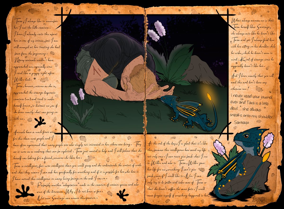Ares33909104's tweet photo. Tara meeting a sad and desperate Jamie for the first time. The little fella is approaching him cautiously. Base coloring, still needs proper shading. 
#ARKSurvivalEvolved #ARKSurvivalAscended #Glowtail #OCart #characterart https://t.co/p6wulyotSA